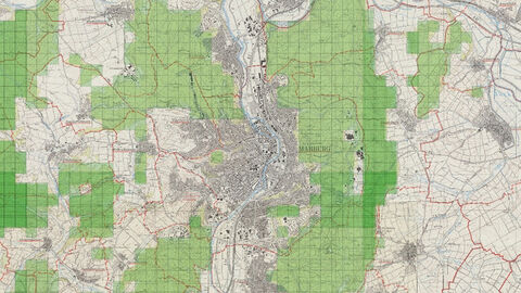 Gegend um Marburg (Kartenblätter der TK25 von 1988). Von der KI identifizierte Waldflächen sind grün eingezeichnet Gegend um Marburg (Kartenblätter der TK25 von 1988). Von der KI identifizierte Waldflächen sind grün eingezeichnet
